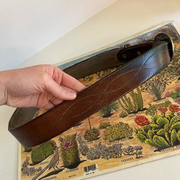 Vintage Distressed Stitched Brown Genuine Leather Eagle Buckle Belt - L - Picture 5 of 12